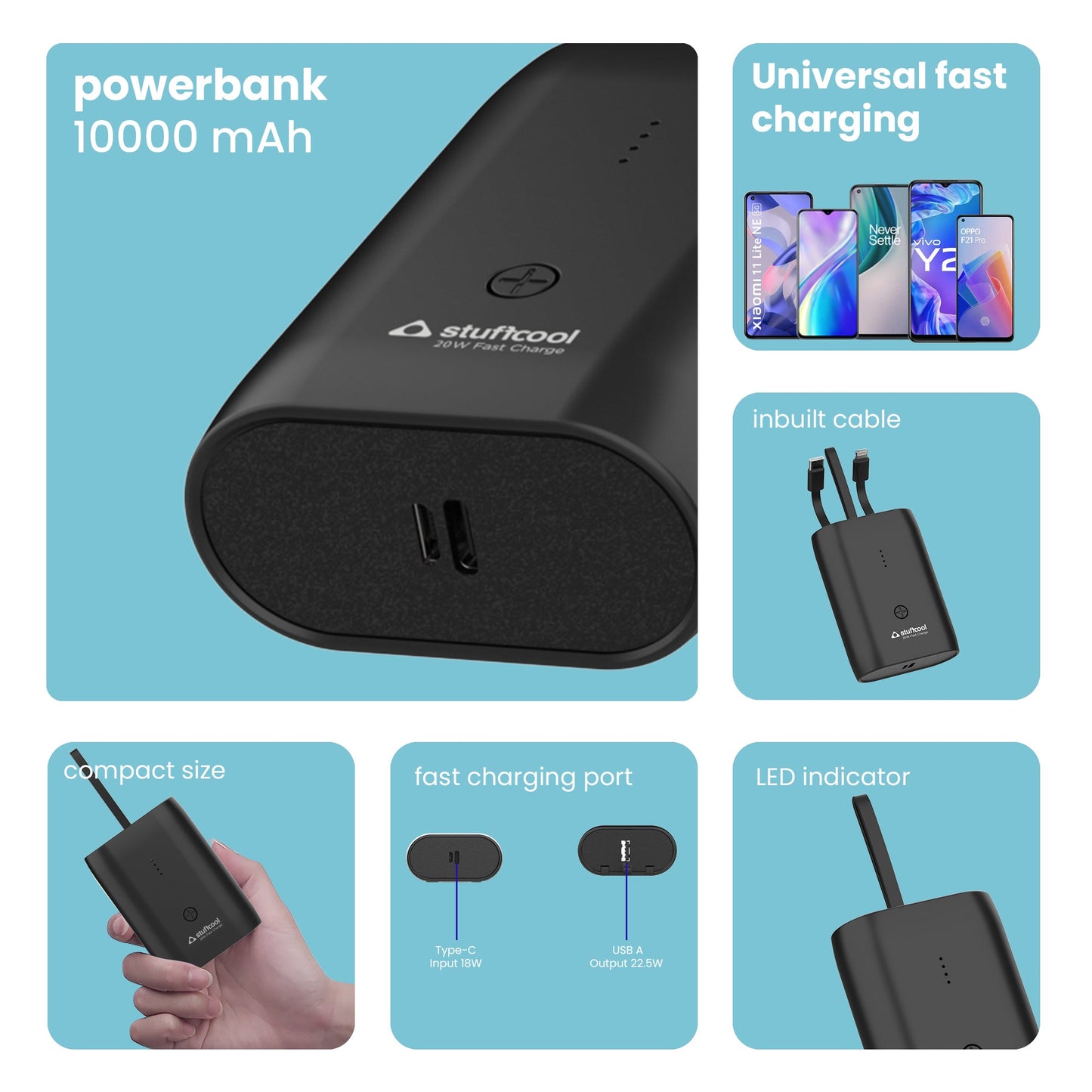 Palm Plus 10000mAh Mini Powerbank with Built In Cables