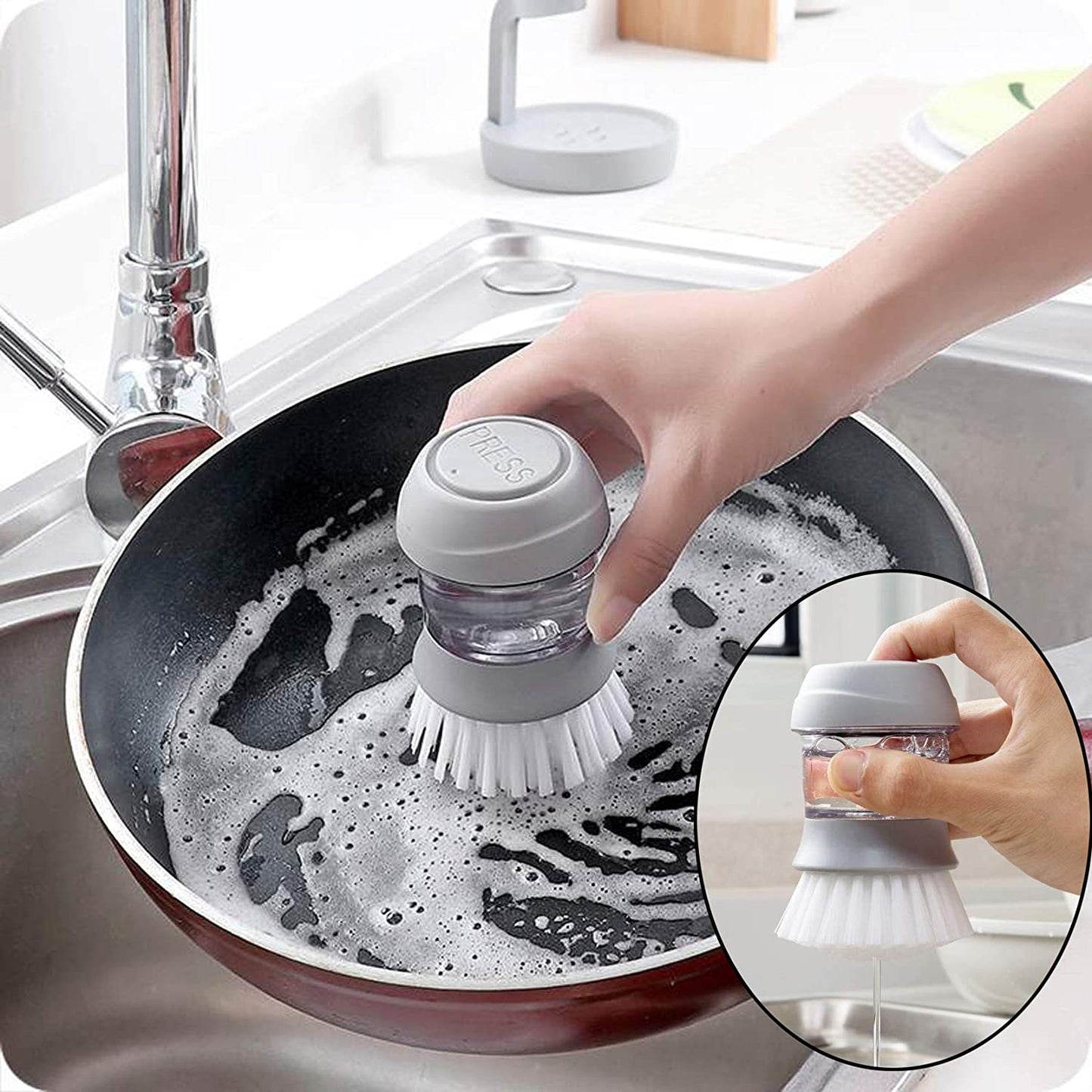 Cleaning Brush with Soap Dispenser for Kitchen, Sink, Dish Washer with Storage Stand