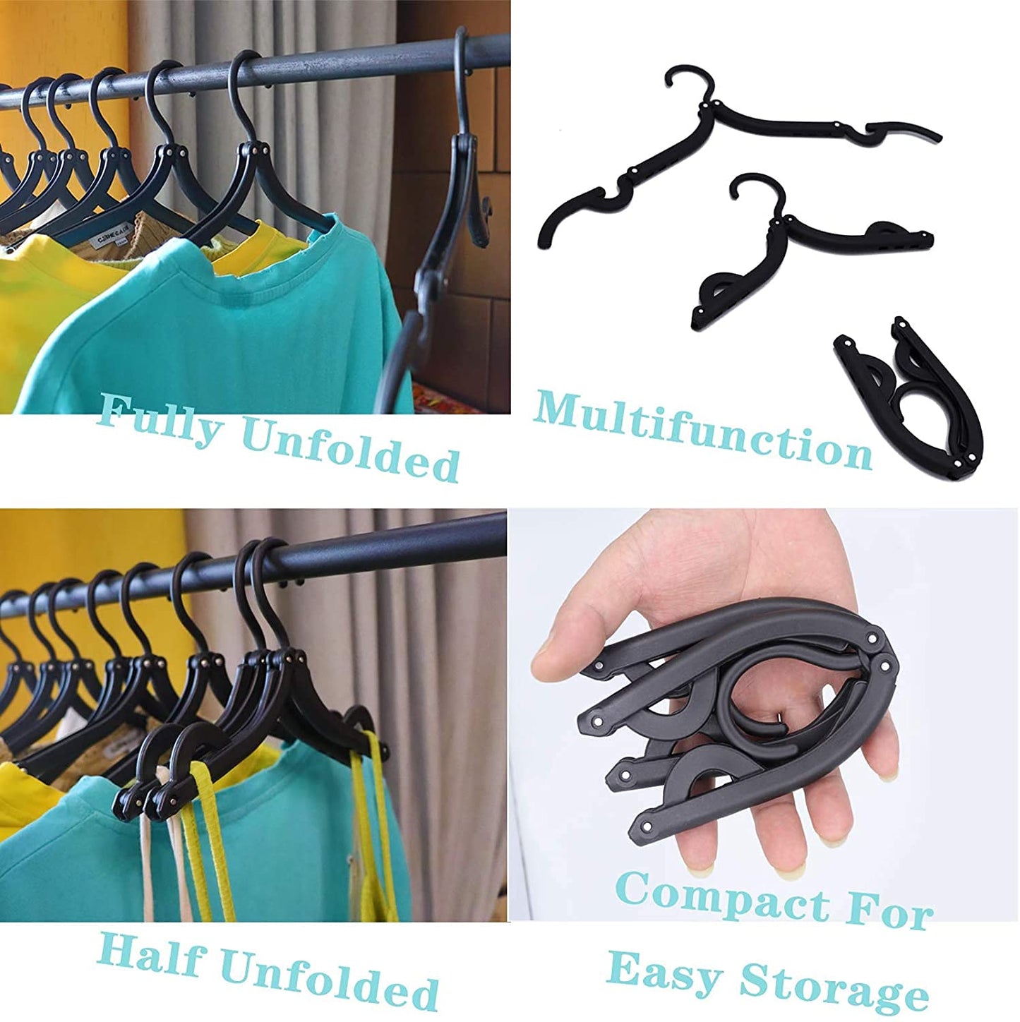 Pack Of 4 Pcs - Portable Folding Clothes Hanger, Black Suit, Household Goods Clothes Hanger Retractable Folding Hanger for Travel Saving Space Multifunctional Adult Child Non-Slip Travel Hanger Foldable