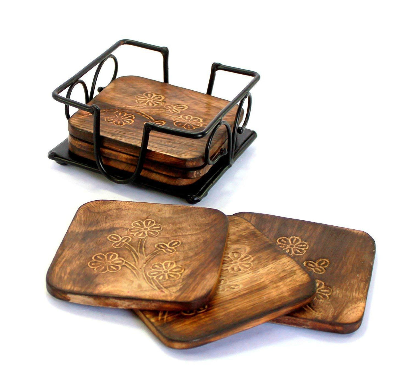 Wooden Coaster Set with Decorative Iron Holder (Square)