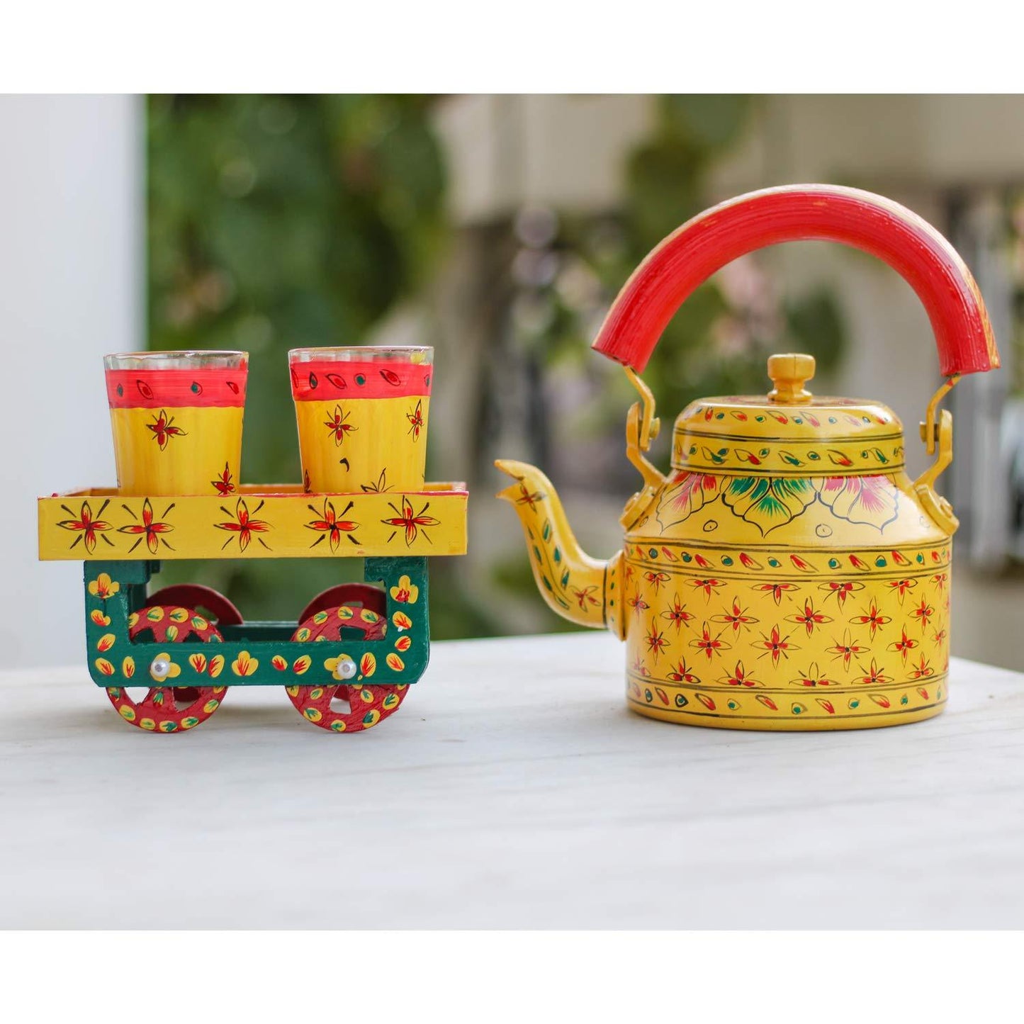 Handpainted Tea Cart Set 1 Kettle With 4 Glass 1 Thela Cart