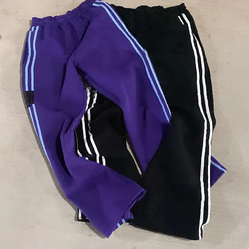 Streetwear Custom Logo 100% Cotton Heavyweight Men Stripe Sweatpants Wide Leg Oversized Baggy Side Flare Sweat Men