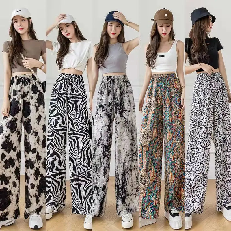 Hot Selling High Waist Loose Lace-up Ink Painting Casual Tie-dye Ice Silk Printed Harem Wide Leg Women