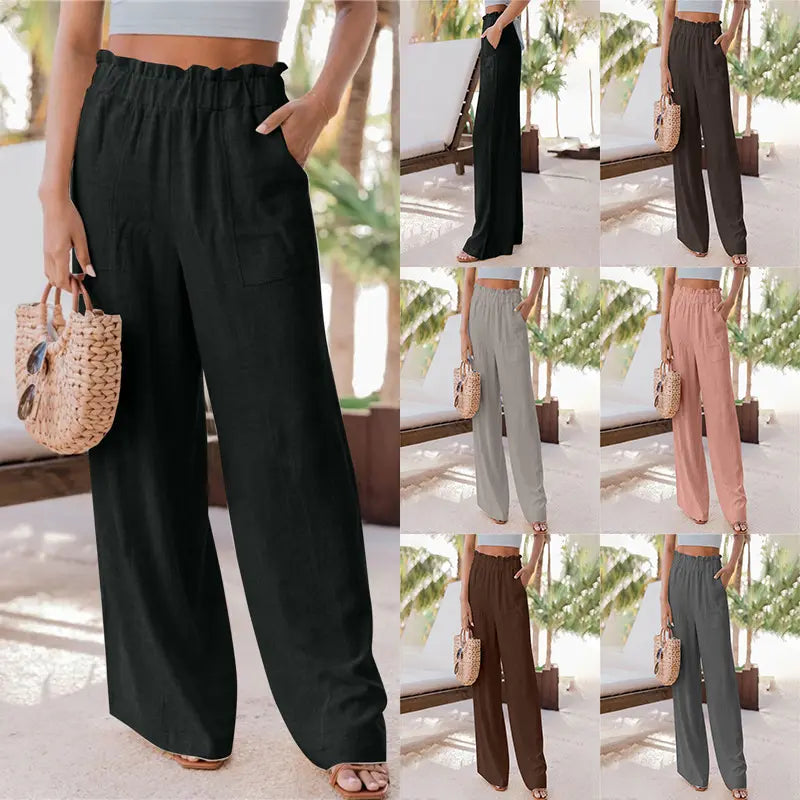 2023 summer new women's casual wide leg pants fashion ruffles pockets high waist women's