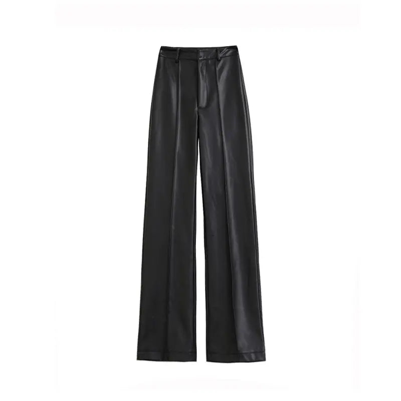 Women Leather Pants Straight-leg Trousers High Waist Leather