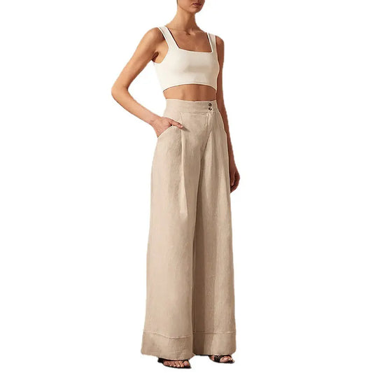 Shinesia 2022 Summer Casual Pants Women's Clothing Khaki Straight Cotton Linen High Waist Loose Knitted WASHED Wide Leg Trousers