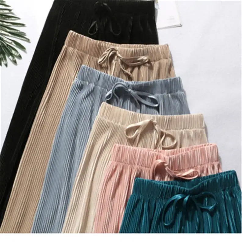 Summer Wide Leg Pants For Women Casual Elastic High Waist 2021 New Fashion Loose Long Pleated Trousers Femme R1816