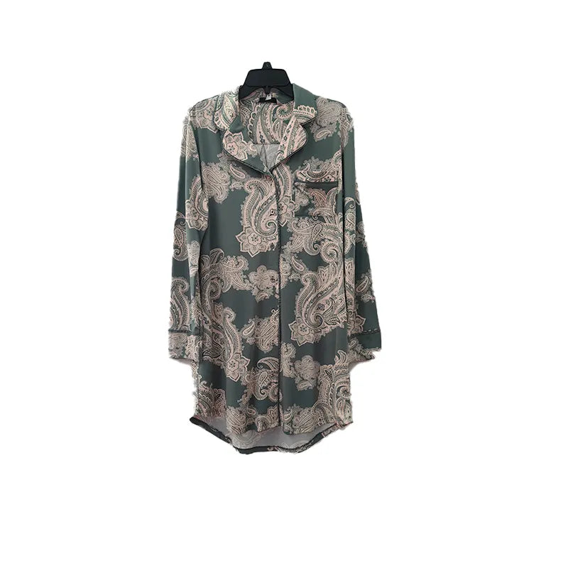 Popular printed white and green lapel long-sleeved women's casual top