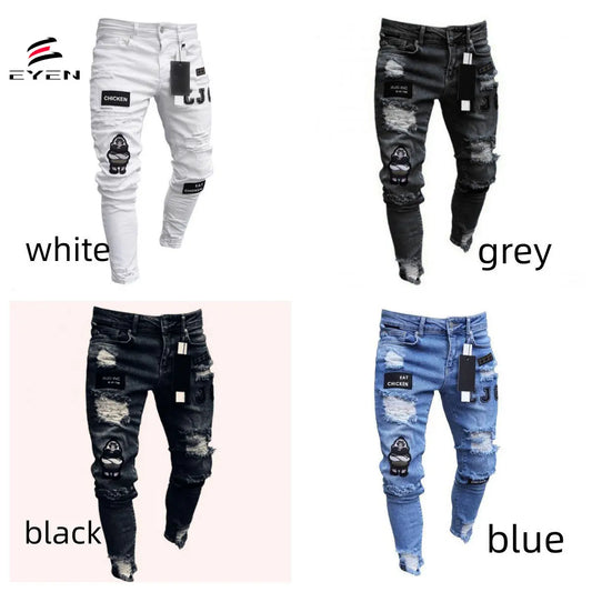 Men Casual Denim Men Jogger Pants Hot Sale Street Skinny Jeans With Ripped Badges Logo Leggings Men Pencil Cargo Jean