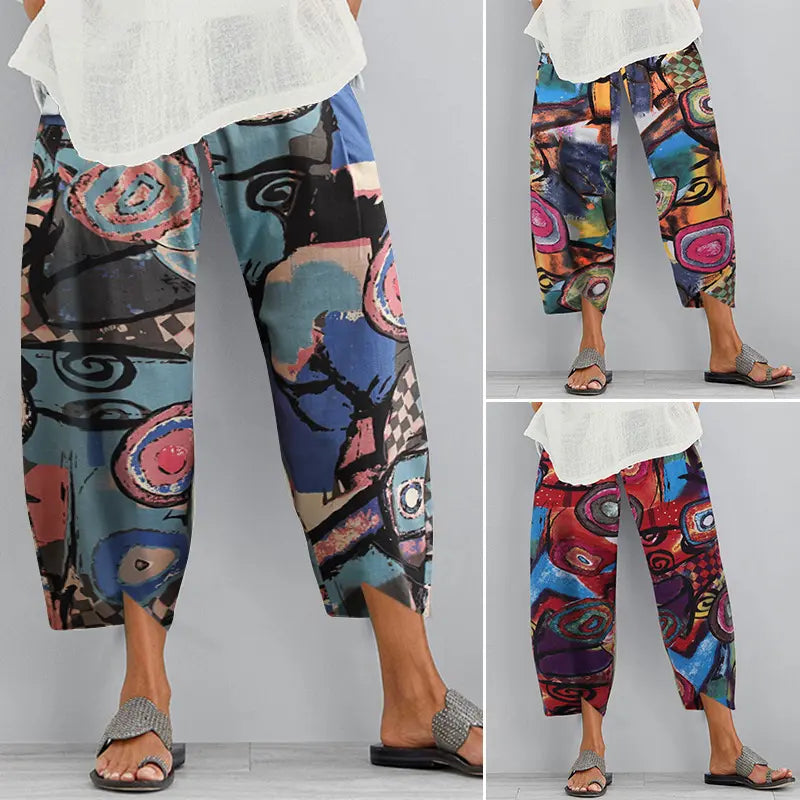 Fashion Women 2022 New Wide-leg Nine-point Pants Loose Casual Cotton and Linen Elastic Waist