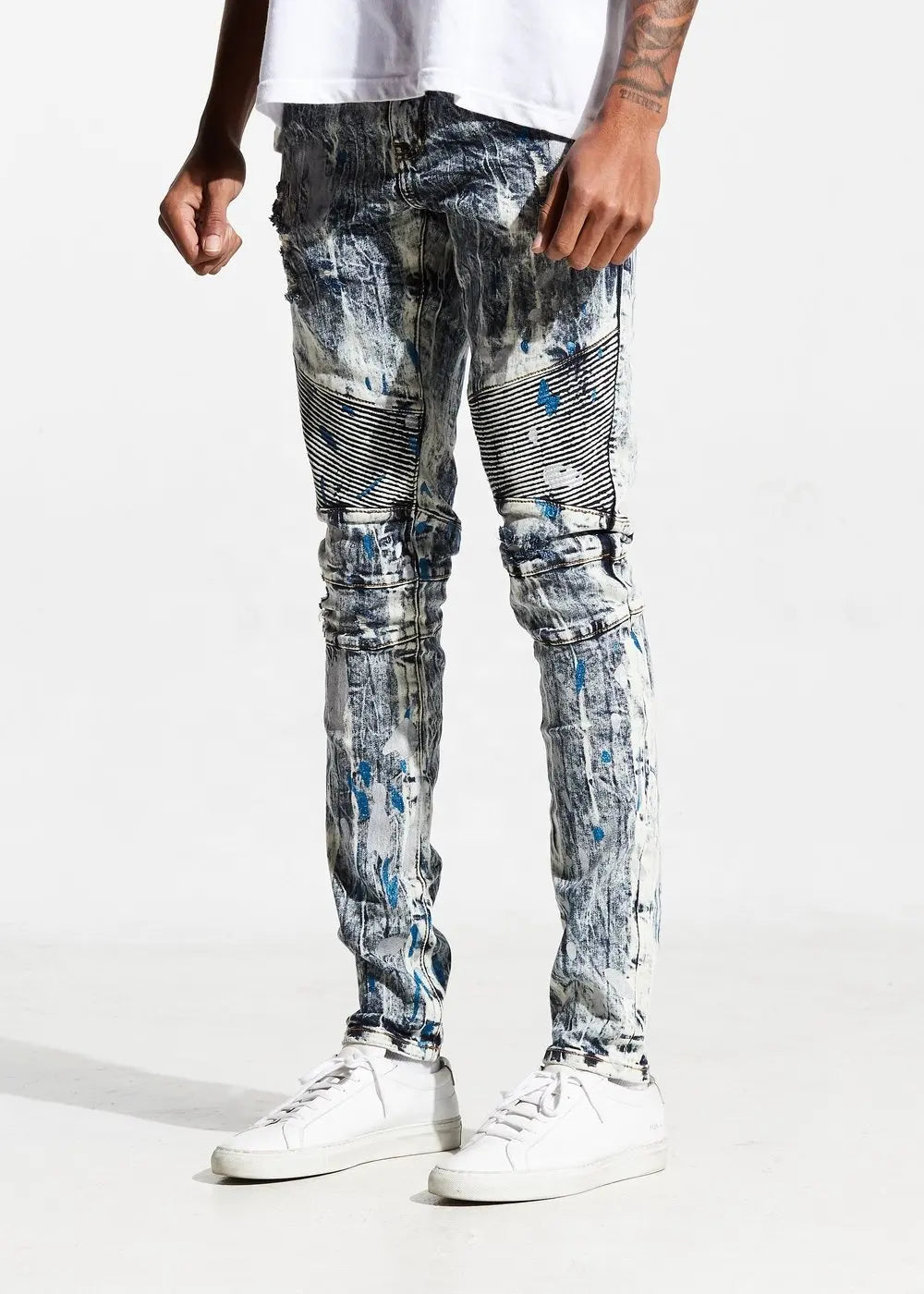 2021 New Fashion Wholesale 3D Moto Pintuck Knee Rip Denim Jean Pain Splatter Jeans for Men