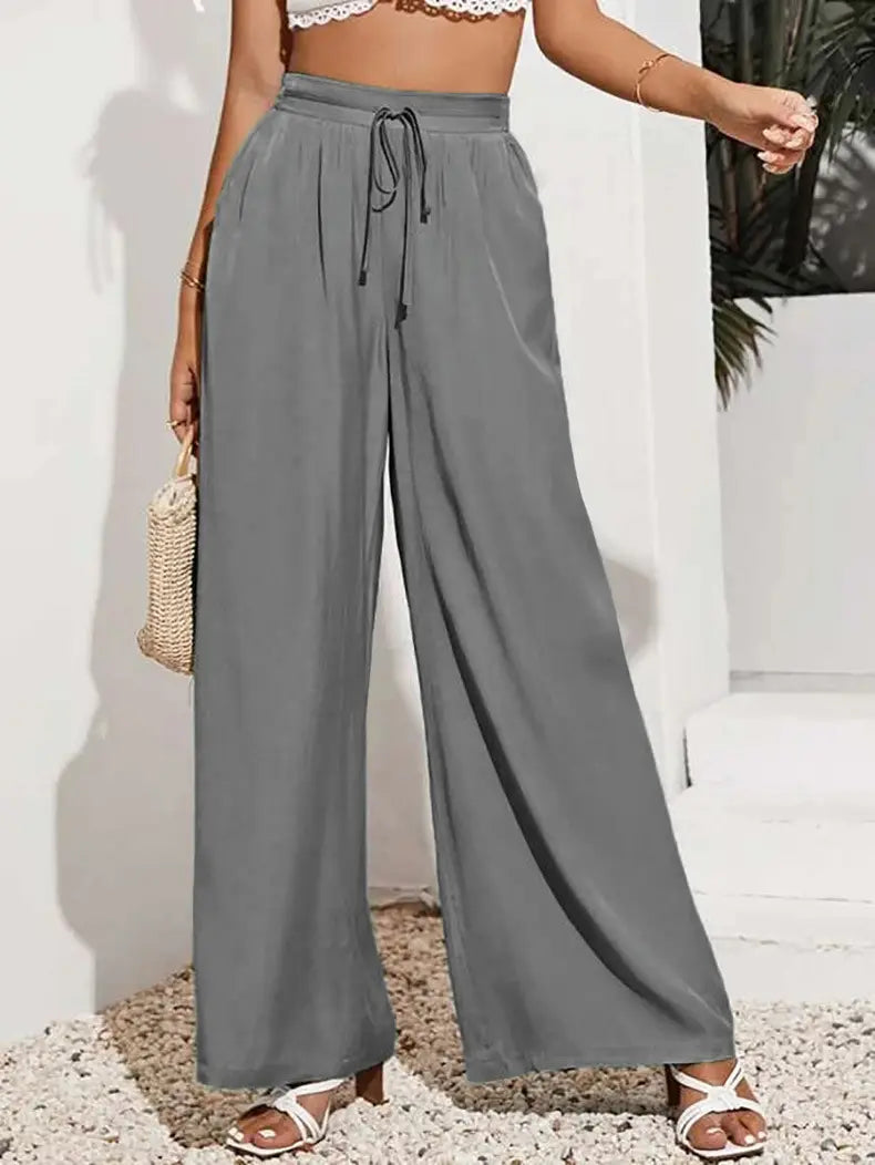 FEIBIA Summer New High Waist Casual Trousers Solid Color Elastic Waist Tie Loose Wide Leg Women