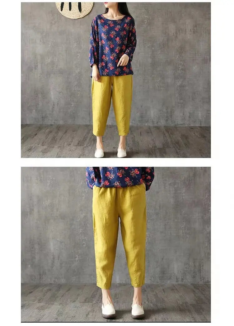 Hengxin Hot Sale New Large Size Women Solid Color Ankle-Length Loose Casual Cotton And Linen Trousers