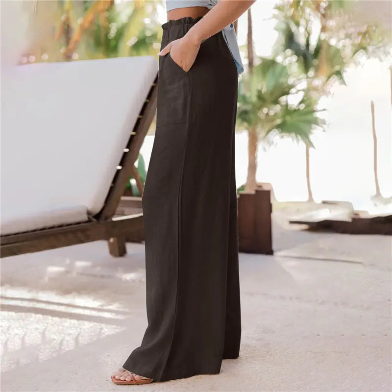 2023 summer new women's casual wide leg pants fashion ruffles pockets high waist women's