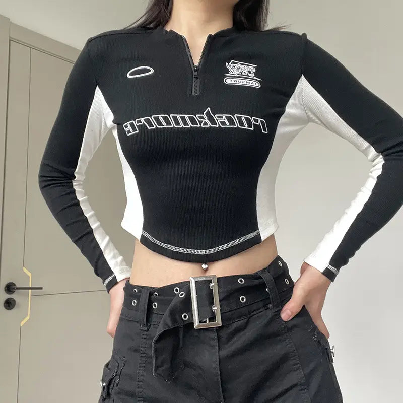 Mechanical Style Hot Girl Graphic Print Stitching Long Sleeve Y2K T- Slim-fit Fashion Top Women