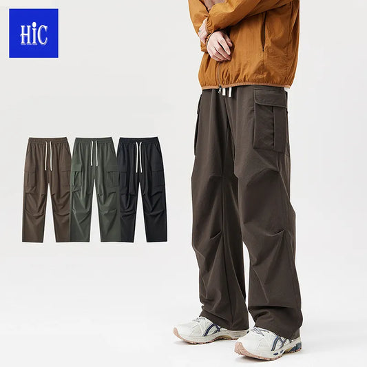 HIC vintage street loose casual pleated men's trousers outdoor sports large pocket overalls men's casual sports