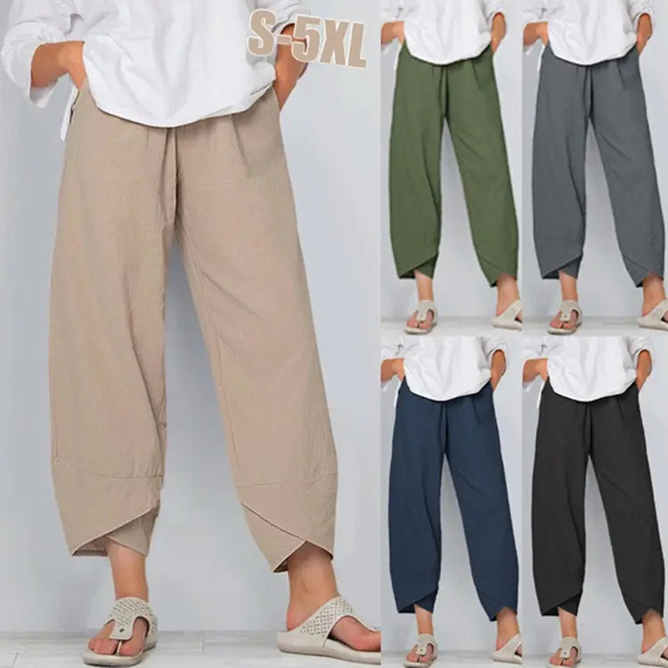 Fashion Women 2022 New Wide-leg Nine-point Pants Loose Casual Cotton and Linen Elastic Waist