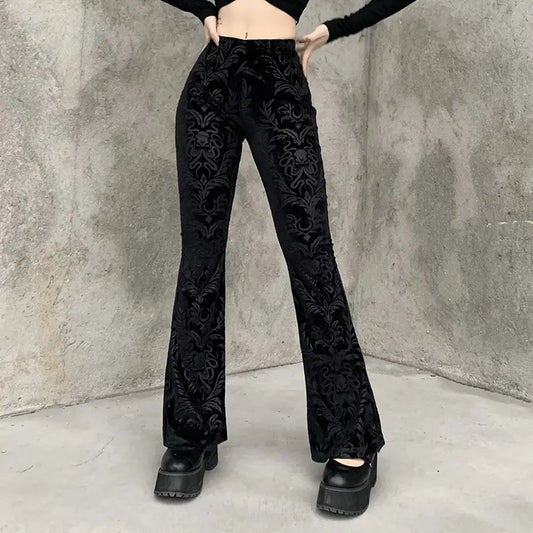 Vintage Gothic Velvet Black Pants Goth Harajuku Bodycon High Waist Trousers Streetwear Punk Flared Women Autumn