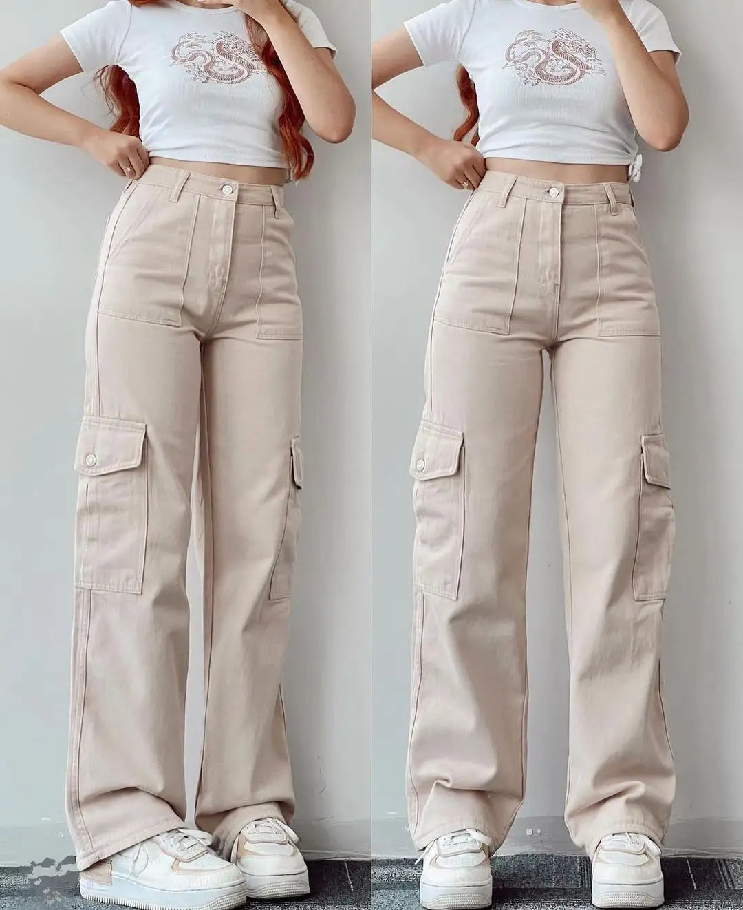 with multi 6 pocket cotton high waisted mujer ladies khaki black Wholesale casual woman custom cargo trousers for women