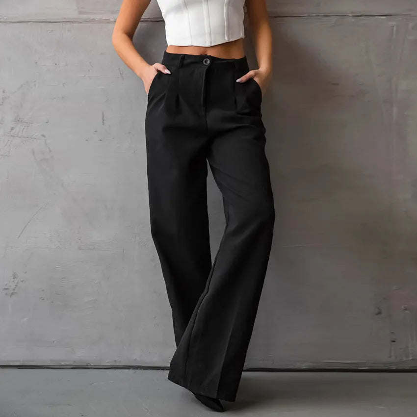 OOTN Autumn Solid Pockets Party Trousers Women 2023 Elegant Office Lady Pleated Long Fashion Black Straight