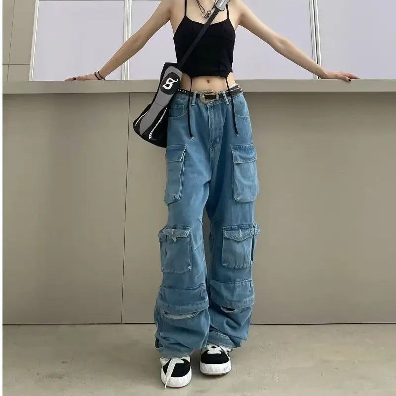 cargo pants women new retro street fashion trousers tie loose straight casual American multi-pocket overalls