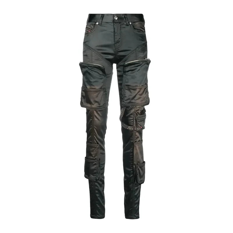 OEM Custom Low Waist Multiple Zip Pocket Skinny Fit Satin Cargo Women