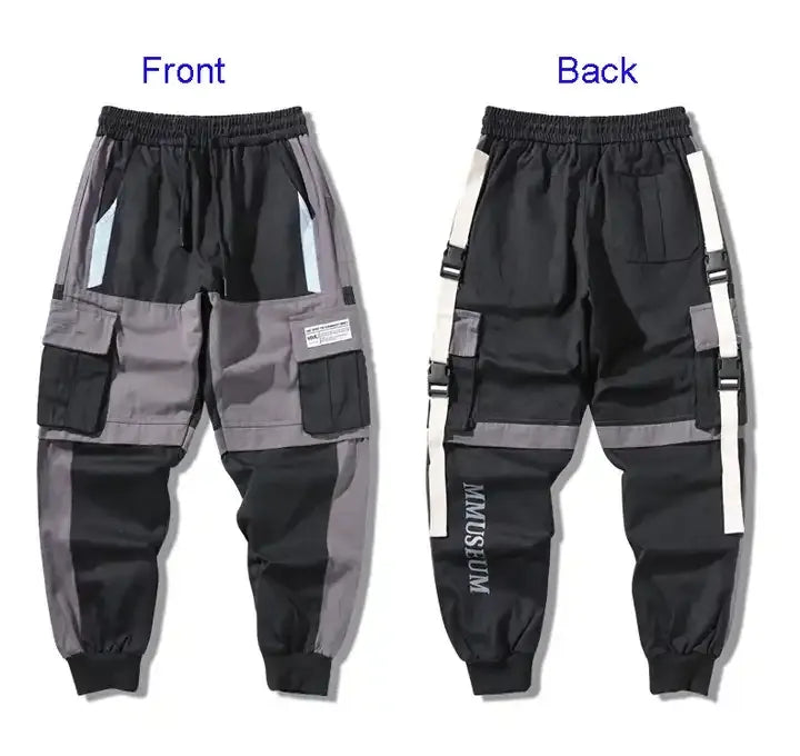 YiXin 2023Men Cargo Jogger Pants Black Cargo Pocket Track Joggers Hip Hop Joggers Male Sweatpants Ribbons Men Cargo