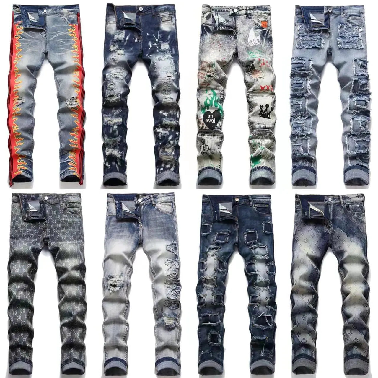 Shredded Pants Men's Slim Denim Youth feet Pants Hair Stylist Pencil