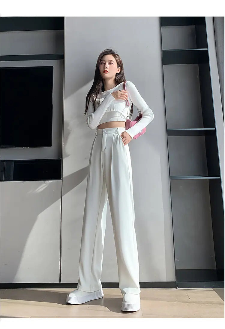 Fashion Casual Solid Color Wide Leg Pants High Waist Drawstring Women