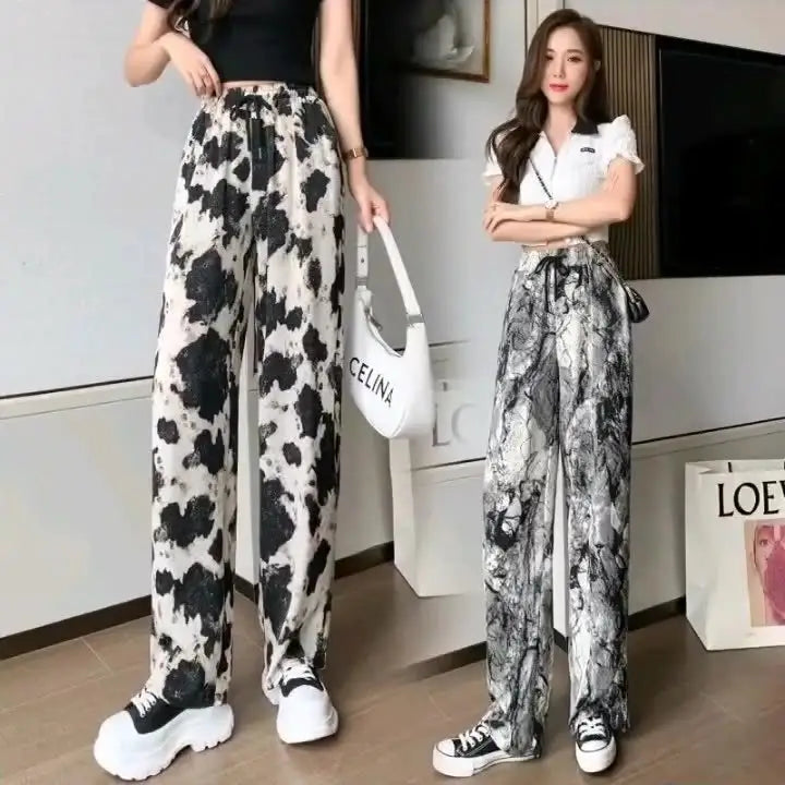 Hot Selling High Waist Loose Lace-up Ink Painting Casual Tie-dye Ice Silk Printed Harem Wide Leg Women