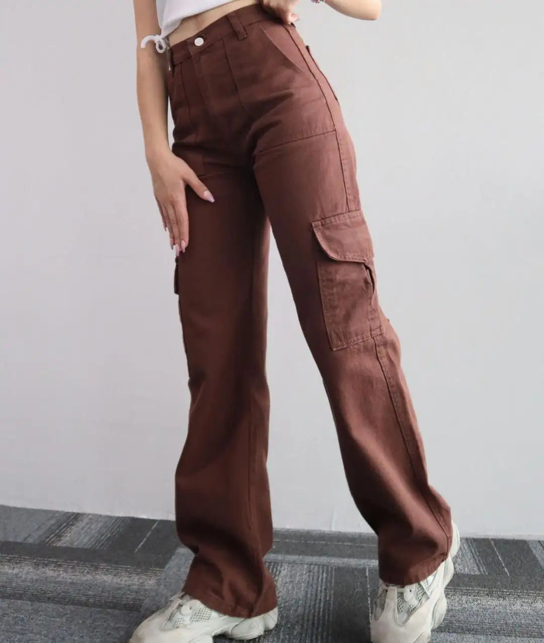 2024 New women's solid color all-matching casual mid-waist trousers wide leg cargo