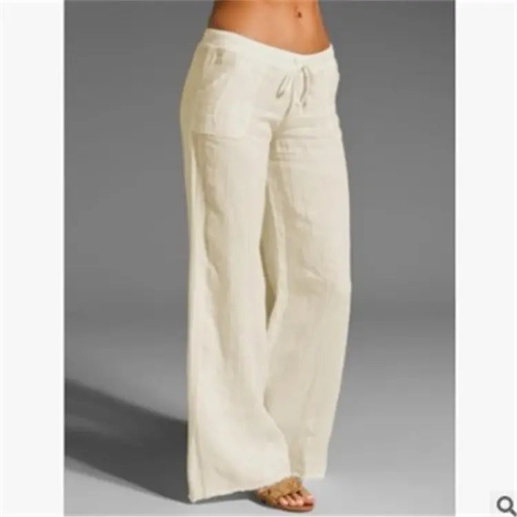 Elastic Waist Solid Color Cotton Women Trousers Linen Wide Leg