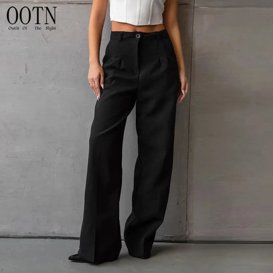 OOTN Autumn Solid Pockets Party Trousers Women 2023 Elegant Office Lady Pleated Long Fashion Black Straight