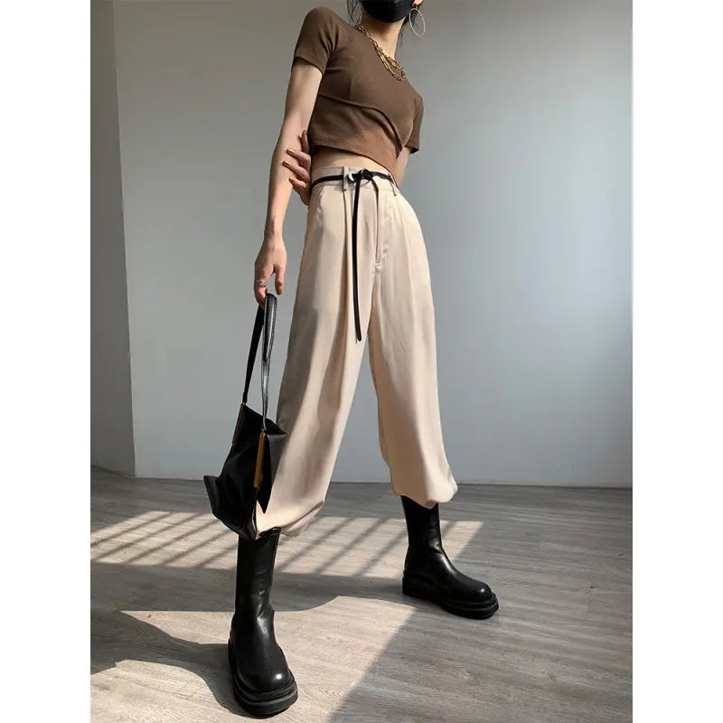 Summer Satin High Waist Wide Leg Pants for women Loose Silk Elegant Fashion OL Long Trousers