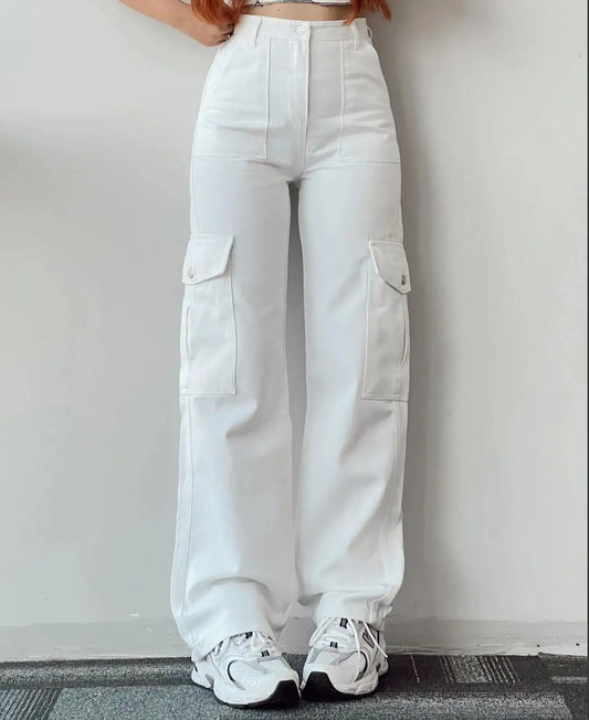 2024 New women's solid color all-matching casual mid-waist trousers wide leg cargo