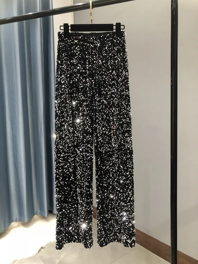 Autumn Winter Thick Velvet Sequins Sexy y2k Wide Leg Streetwear Bottom Casual Club Party Women Trousers