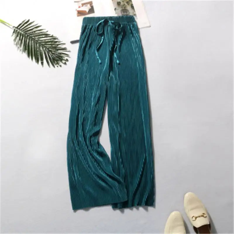 Summer Wide Leg Pants For Women Casual Elastic High Waist 2021 New Fashion Loose Long Pleated Trousers Femme R1816