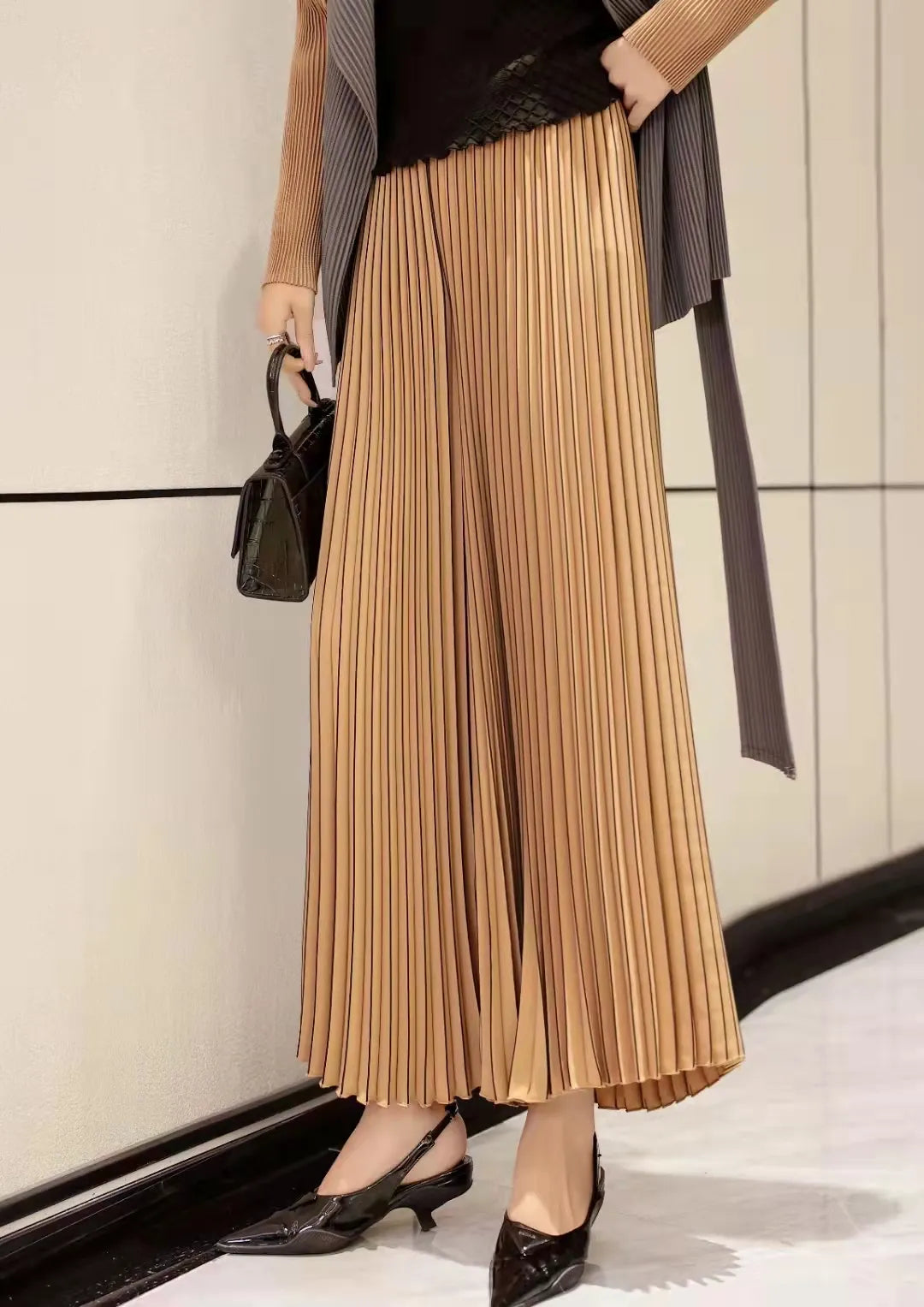 Women Korean Style Miyake Chic Solid A-line trousers Midi Elegant Elastic High Waist Long Accordion Pleated