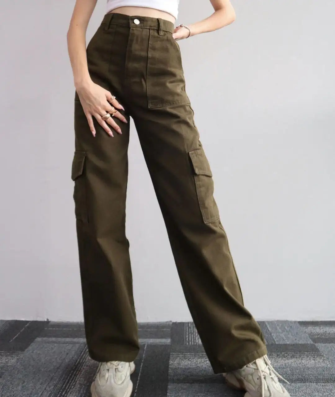 2024 New women's solid color all-matching casual mid-waist trousers wide leg cargo