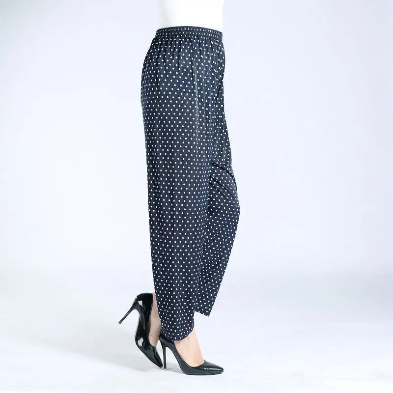 New Women Fashion Long Pants Spring Summer Ice Silk Loose Printed Trousers Elastic Waist Lady Wide Leg Casual