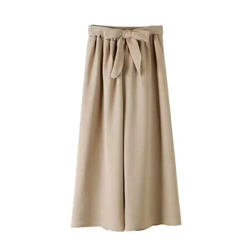 Y308038 Loose Wide Leg Pants Elastic Waist Tie Bow Slacks Wide Leg calf-length