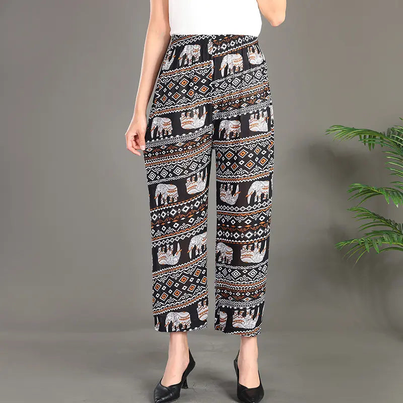 New Women Fashion Long Pants Spring Summer Ice Silk Loose Printed Trousers Elastic Waist Lady Wide Leg Casual