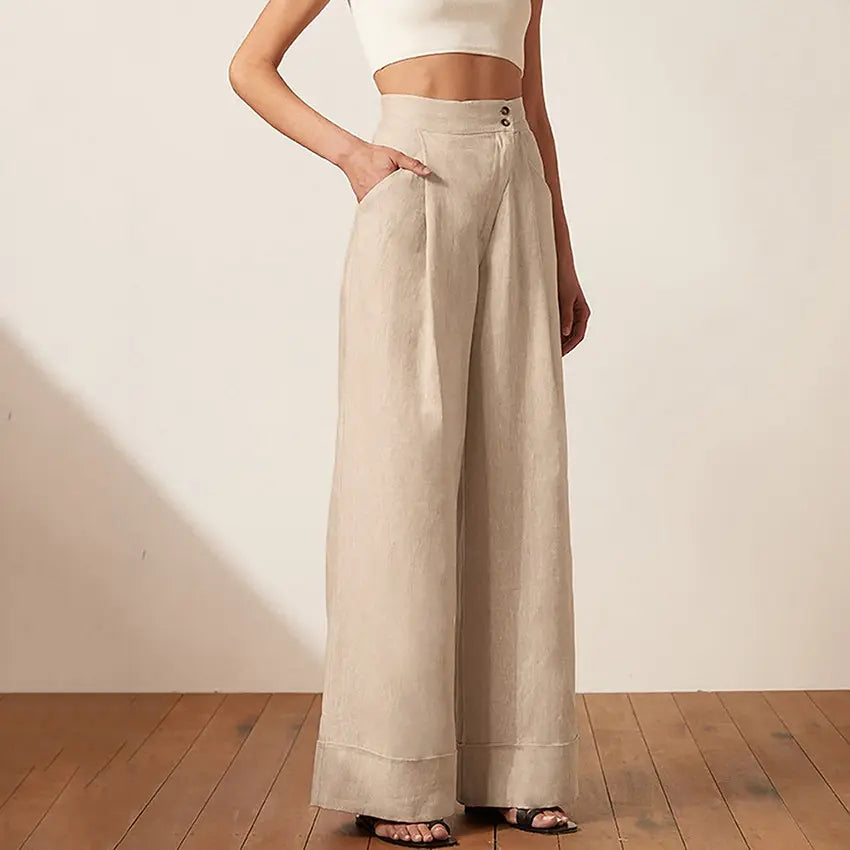 Shinesia 2022 Summer Casual Pants Women's Clothing Khaki Straight Cotton Linen High Waist Loose Knitted WASHED Wide Leg Trousers