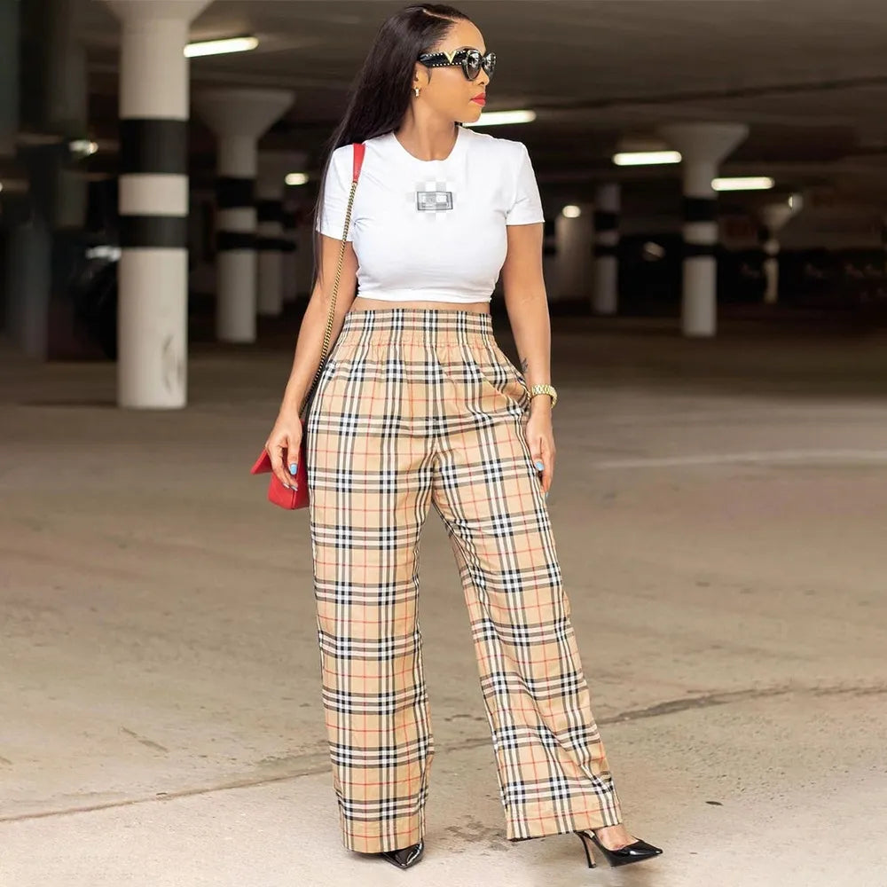 QuiteS 2023 New Plaid Print Loose Micro Flare Single Trousers Casual Wide Leg Cargo For Women Long