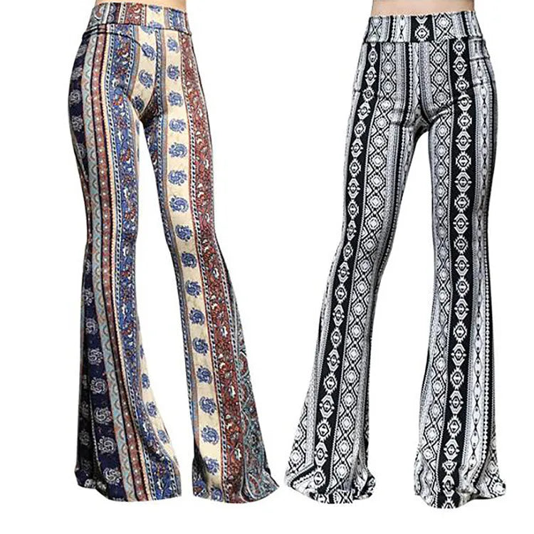 women's boho print high waist wide leg long bell bottom yoga flare