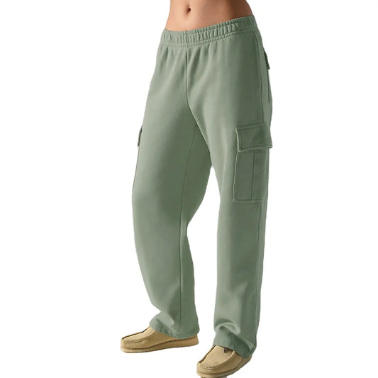 Hot Sale Women Trousers Side Pocket Elastic Waist Fleece Heavyweight Straight Sweatpants Cargo Sweat