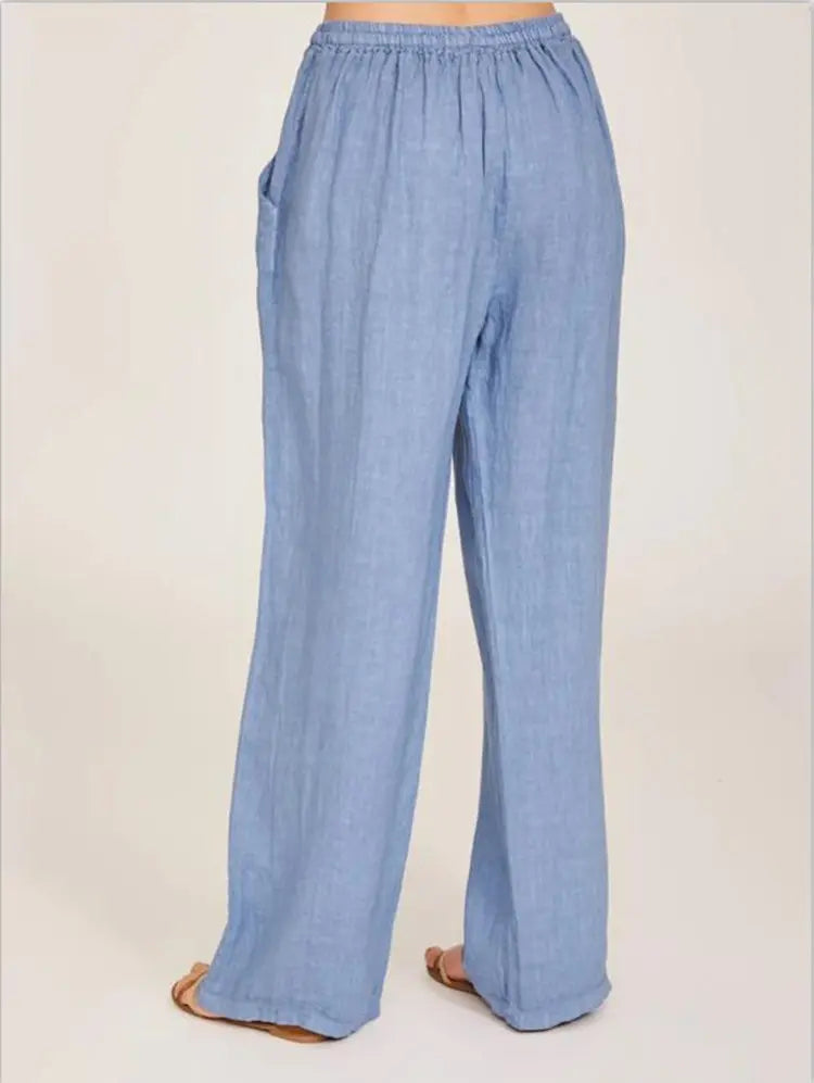 Drawstring Waistband Blue Formal Summer Cotton Linen Wide Leg Women Slacks