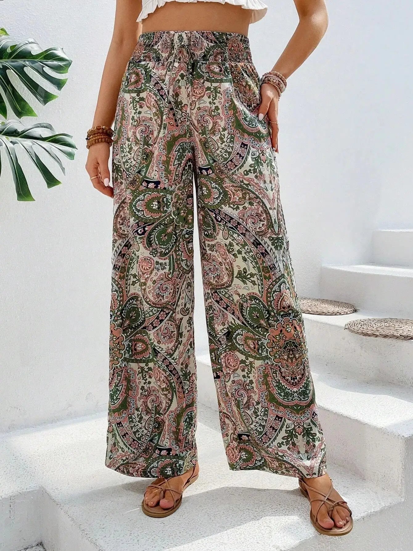 Loveda Hot Selling Women's Printed Trousers Designer Bohemia Wide-Leg Elasticated Palazzo