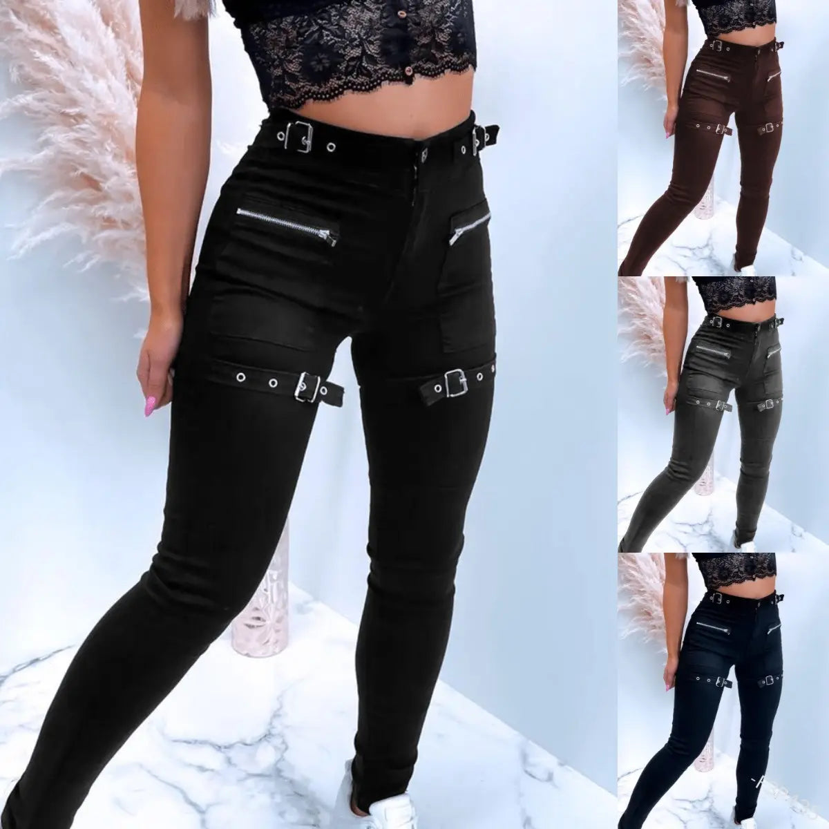 PDEP 2022 skinny high waist buckle strap black pants for women