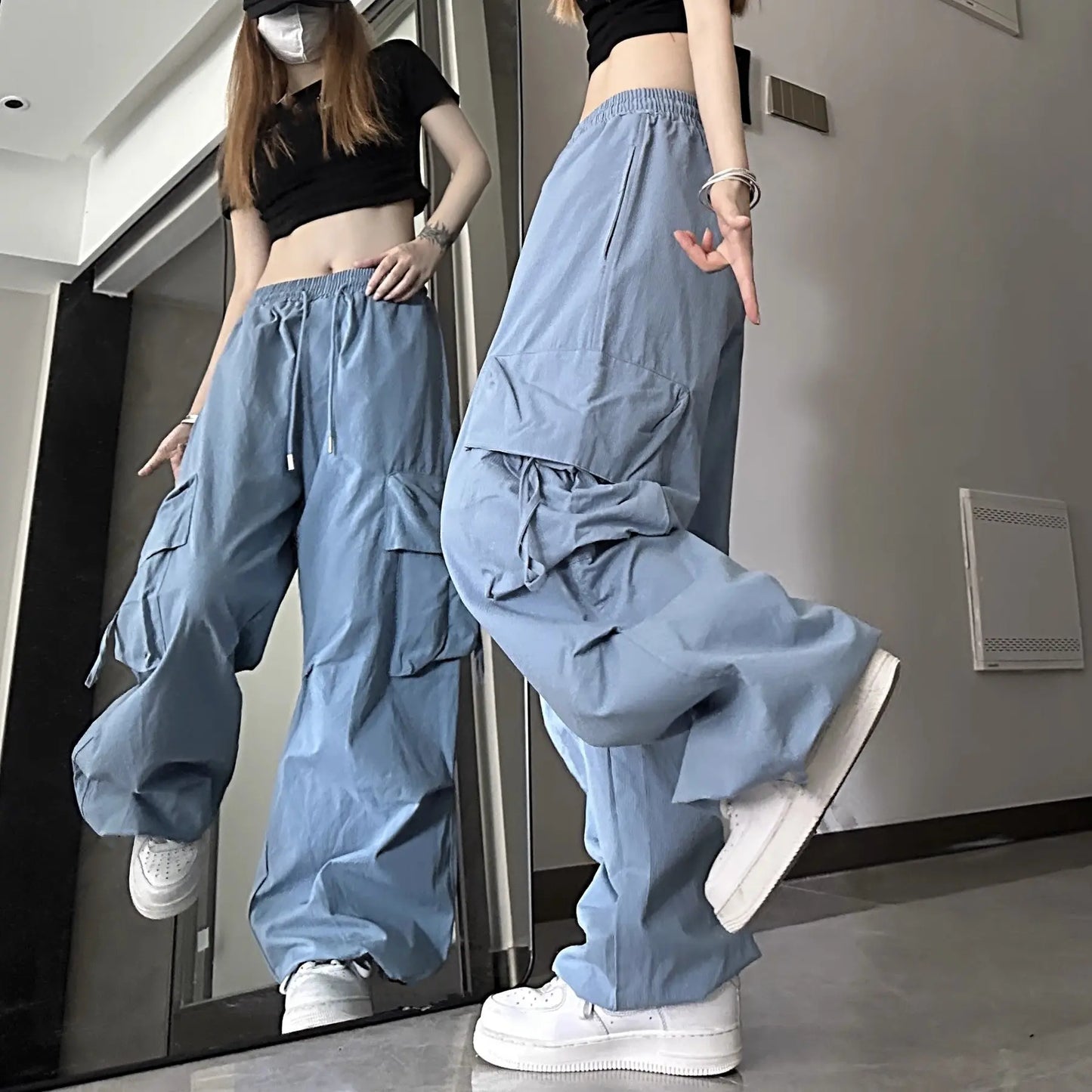 Plus Size Women's Beige Loose Cargo Pants Casual Baggy Wide Leg Sweatpants Hippie Joggers Trousers Drawstring Closure Hip Hop